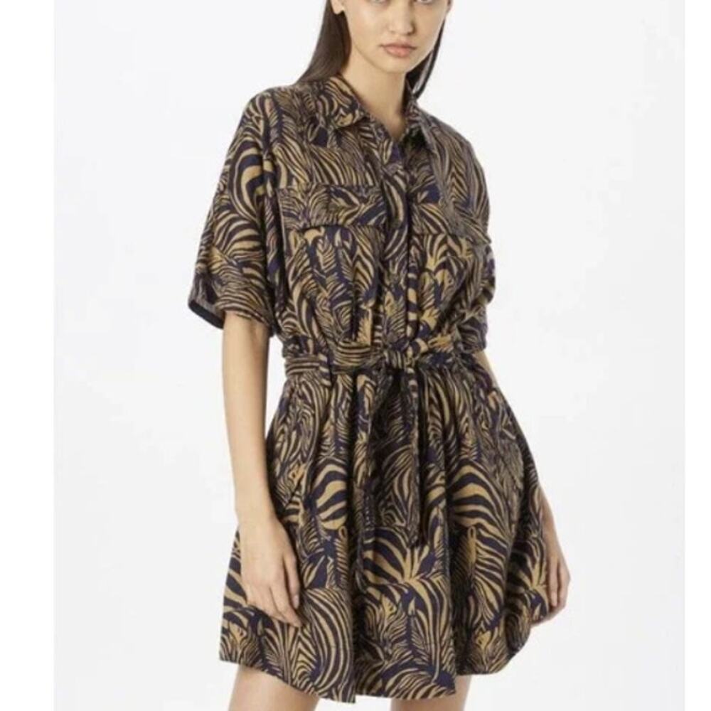 Banana Republic Animal Print Linen Utility Dress Brown Navy Womens Sm